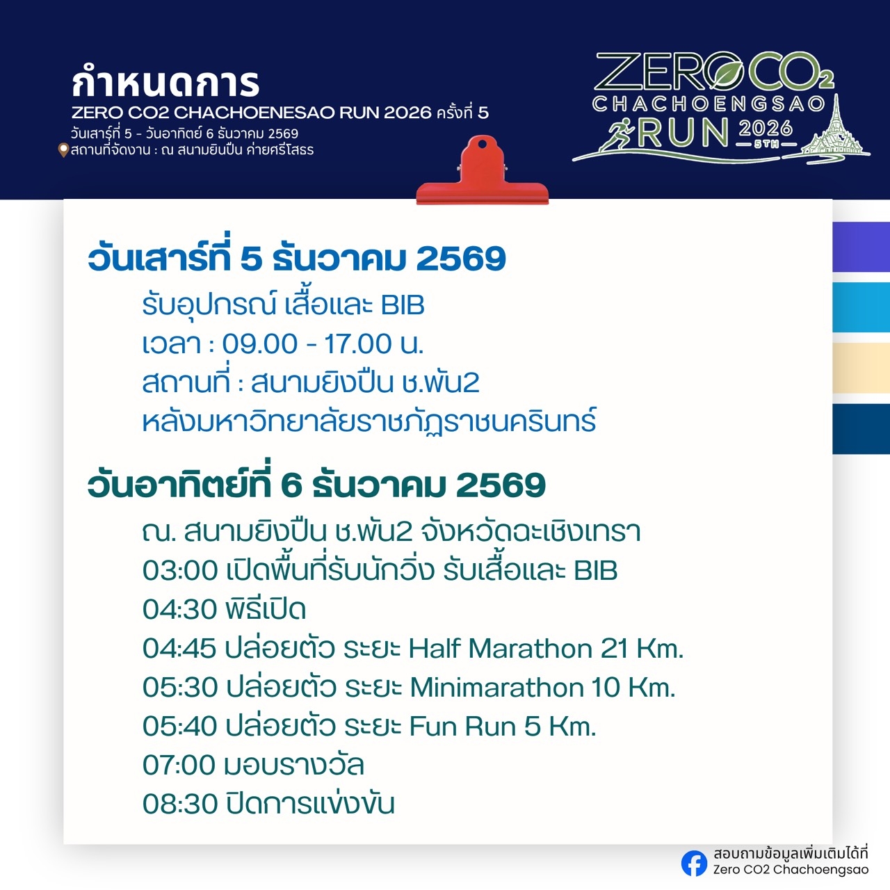 กำหนดการ วันเสาร์ที่ 5 ธันวาคม 2569 รับเสื้อและ BIB 09.00 ถึง 17.00 น. ที่สนามยิงปืน ช.พัน 2 หลังมหาวิทยาลัยราชภัฏราชนครินทร์ · วันอาทิตย์ที่ 6 ธันวาคม 2569 03.00 เปิดพื้นที่ 04.30 พิธีเปิด 04.45 ปล่อยตัว 21 กิโลเมตร 05.30 ปล่อยตัว 10 กิโลเมตร 05.40 ปล่อยตัว 5 กิโลเมตร 07.00 มอบรางวัล 08.30 ปิดการแข่งขัน